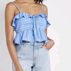 NWT EXPRESS Blue Pinstripe Ruffled Peplum Halter Cami Crop Top Size L